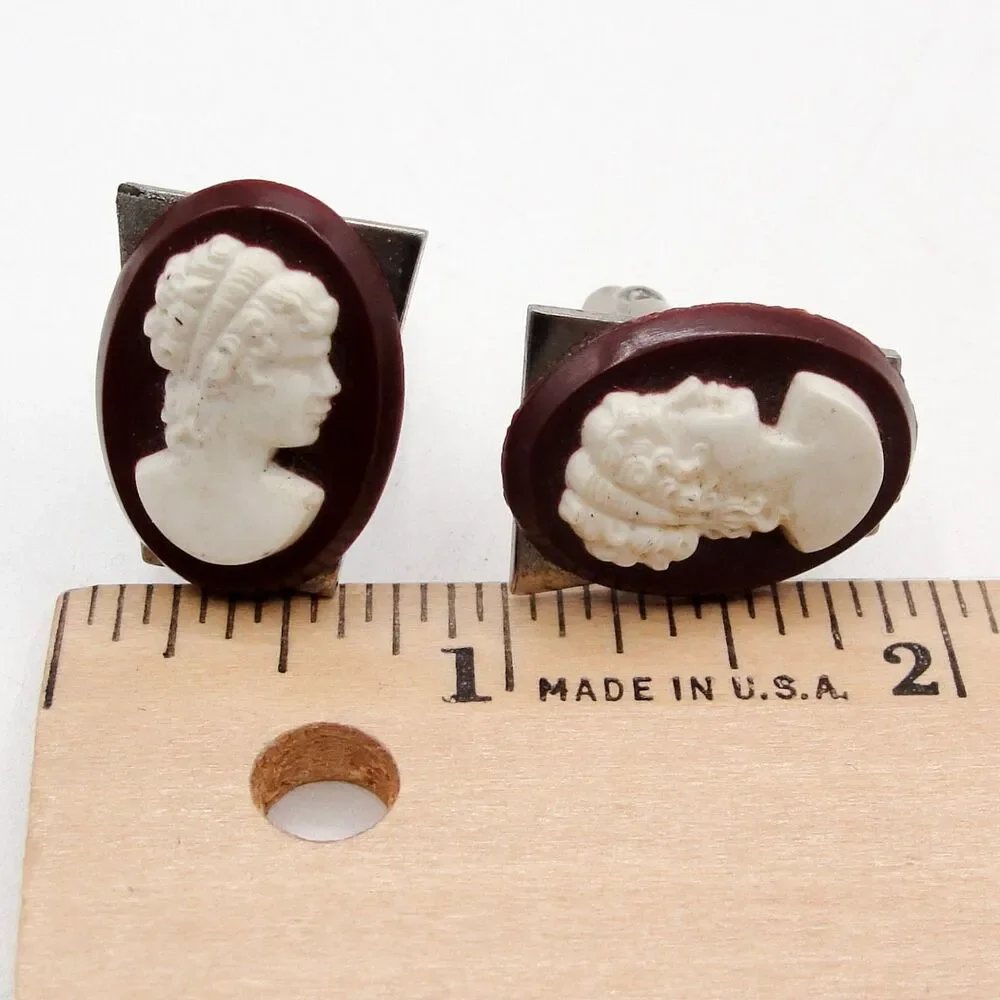 Vintage Silver Tone Victorian Goddess Lady Cameo Cufflinks Brown White MCM